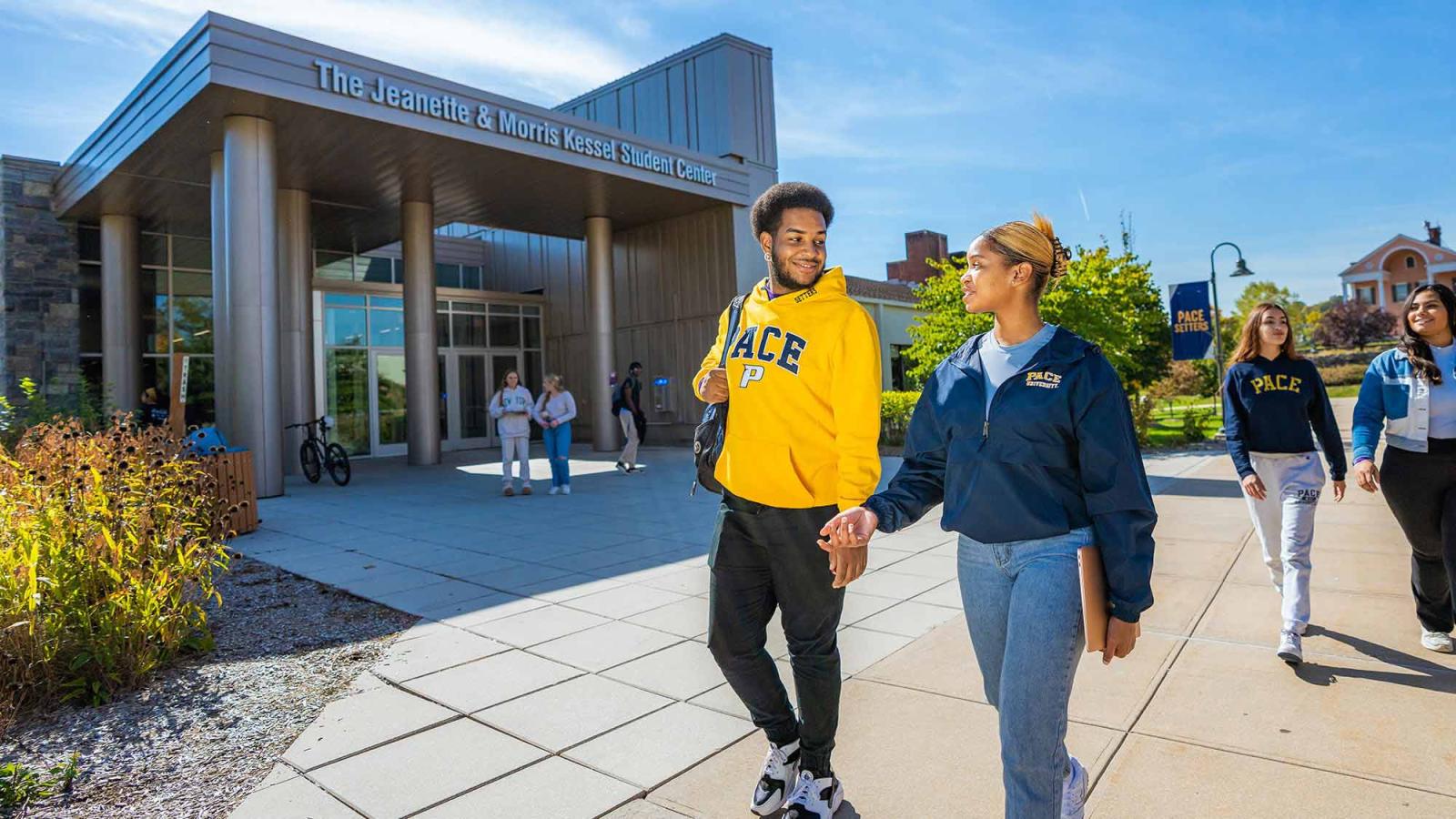 students walking on the Pace University Pleasantville campus