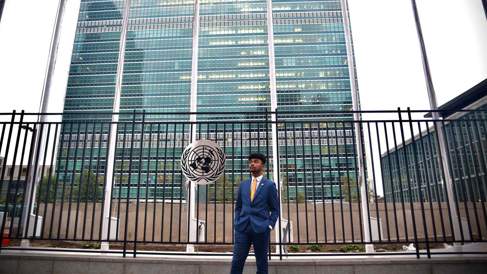 Pace University student Jeremiah Williams in front of the UN