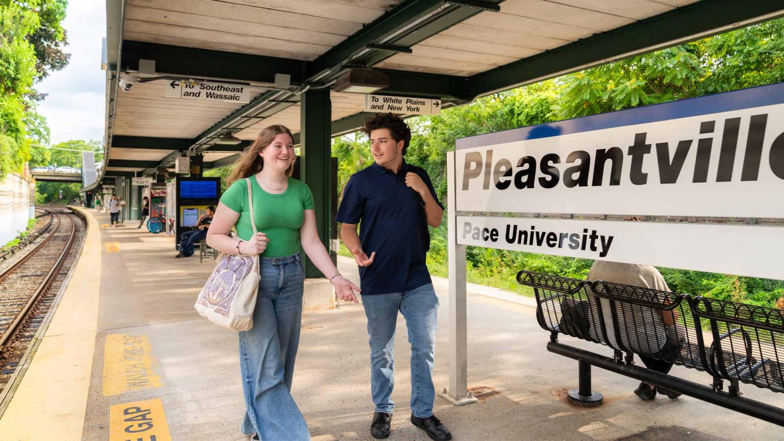 Pace students walking on the platform at the Pleasantville Metro North Station.