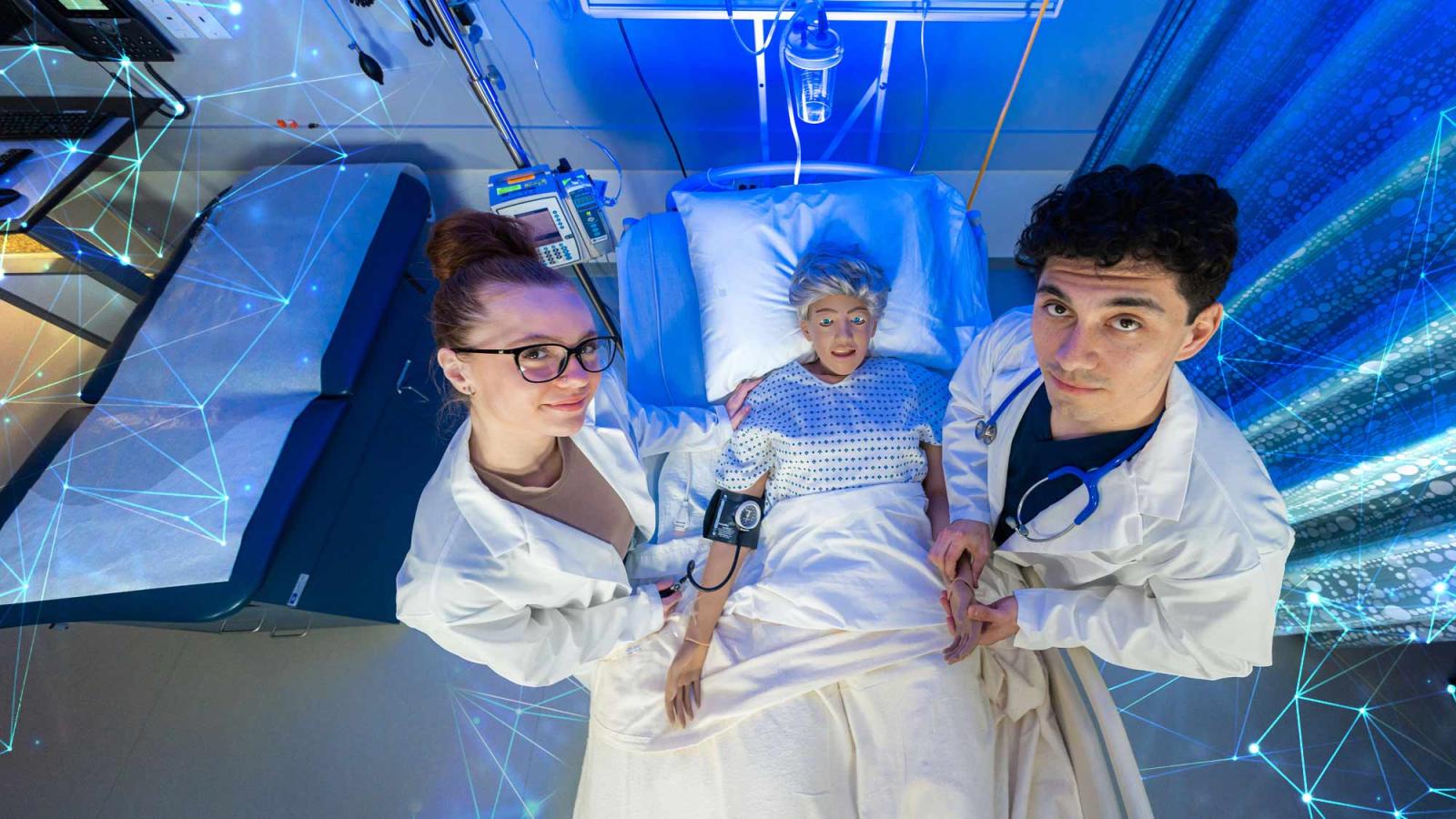 Pace students working in the health care simulation lab.