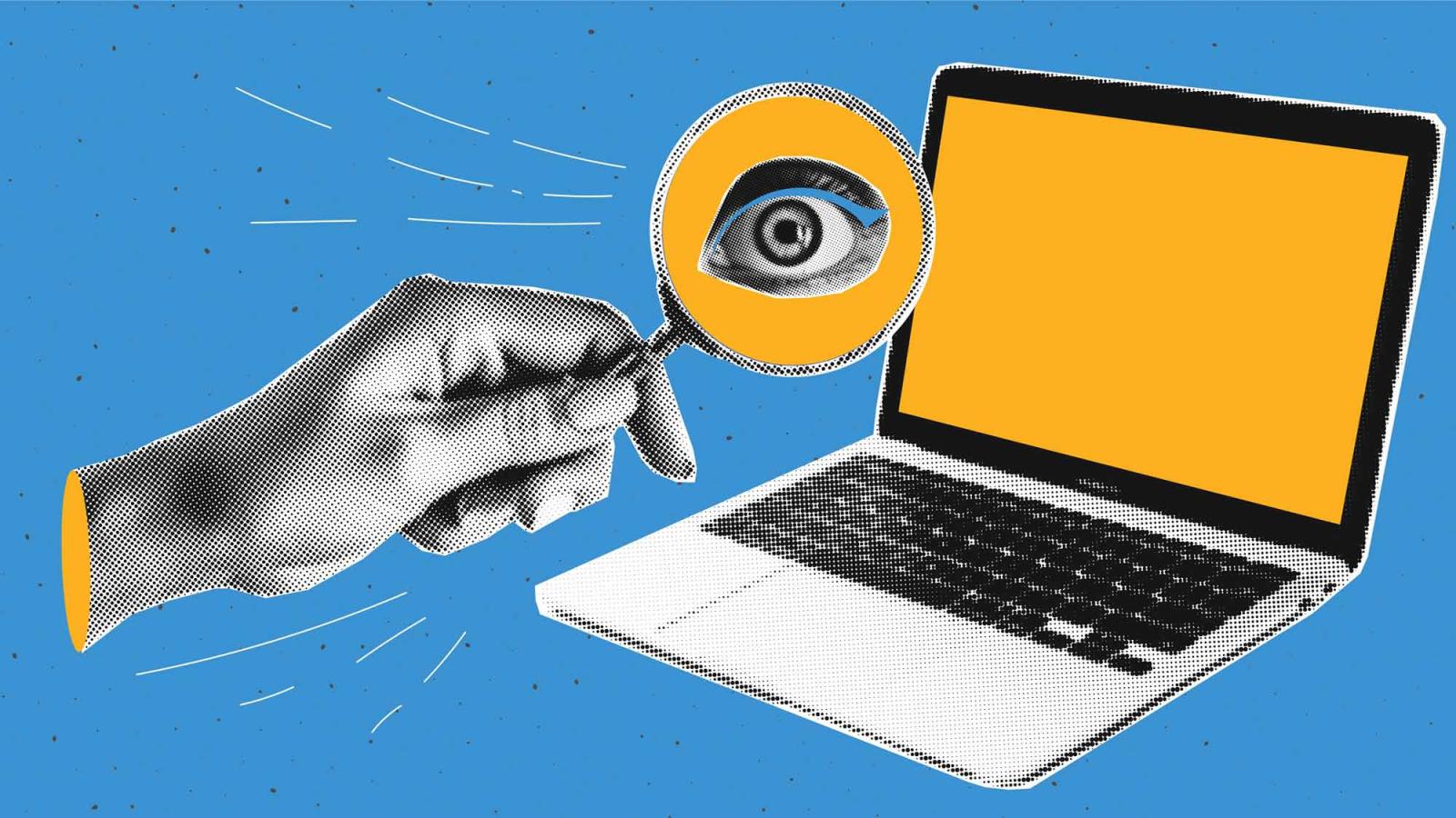 illustration of a hand holding a magnifying glass looking at a laptop.