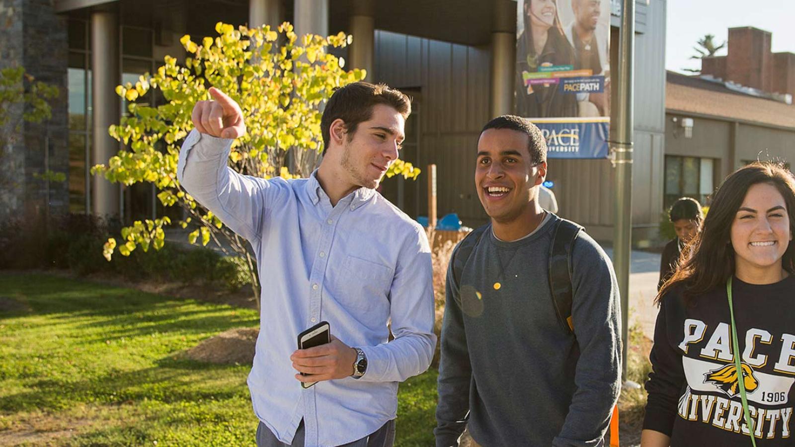 Pace University students walking on the Pleasantville campus.