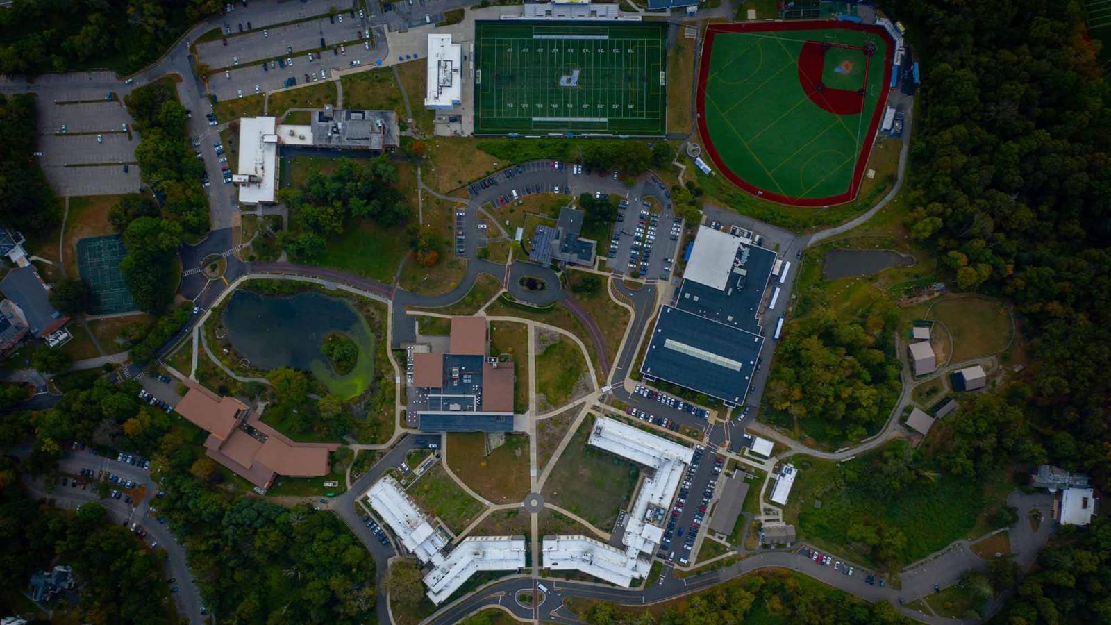 Aerial view of the Pace University Westchester campus.