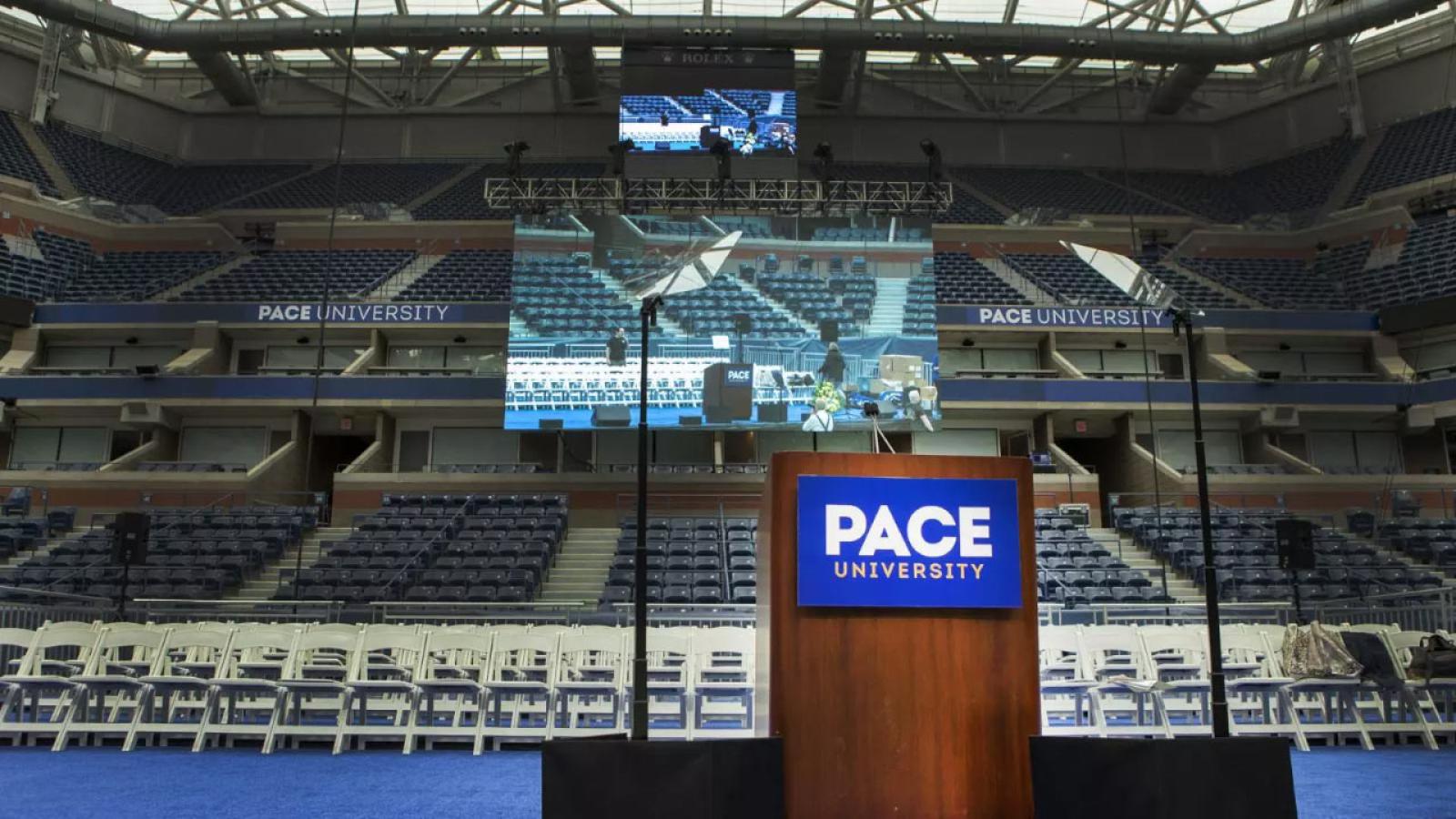 Pace podium with empty auditorium background