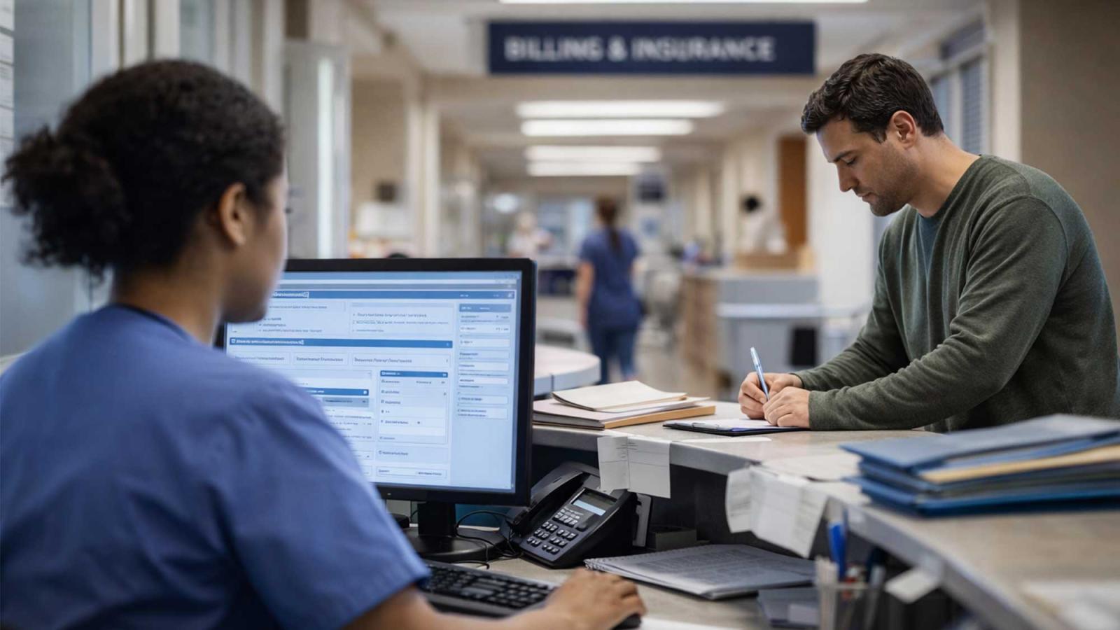 Receptionist at a hospital helping a patient
