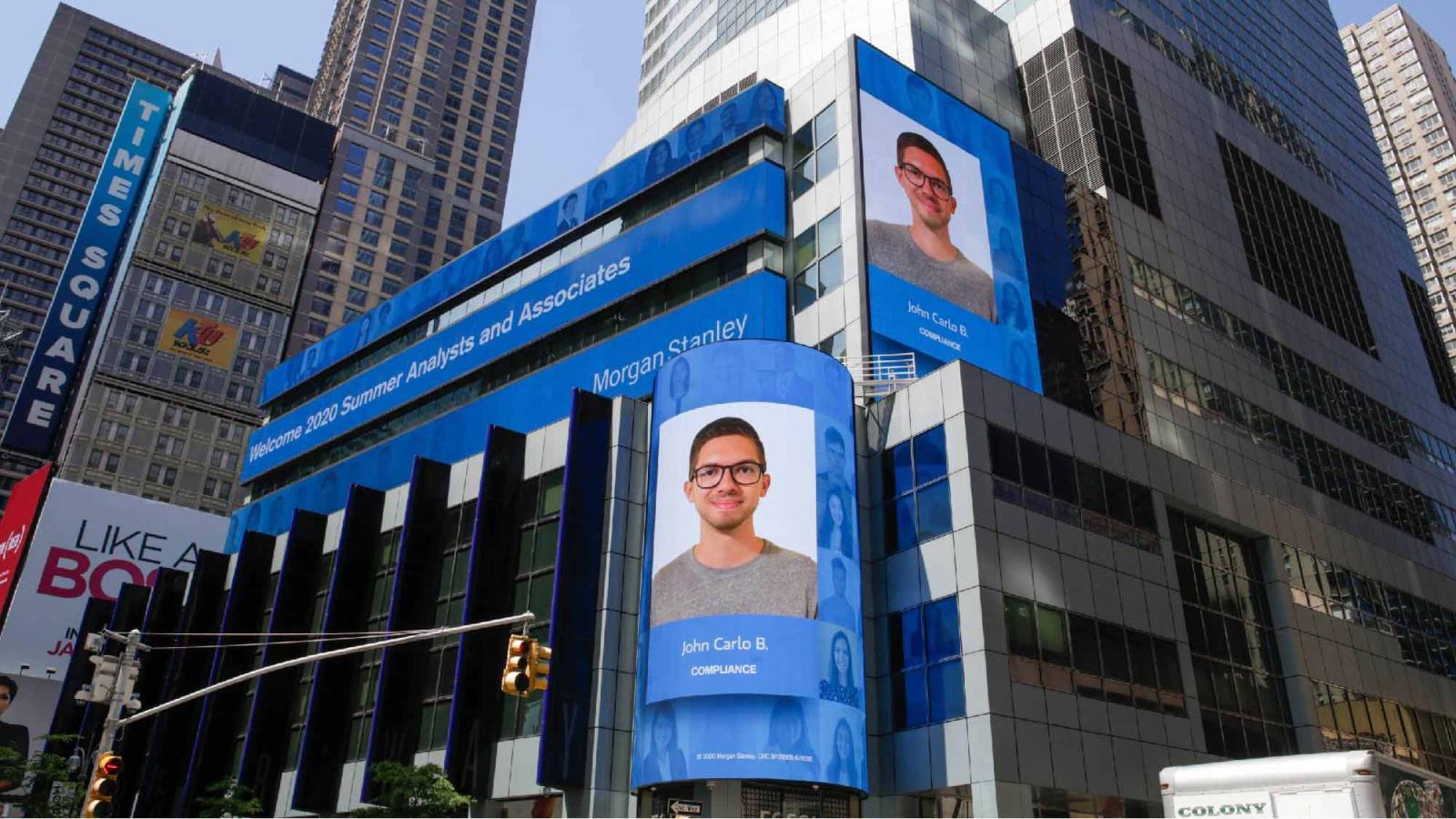 Time Square billboards showing a photo of Pace University Lubin student Jon Carlo Bautista