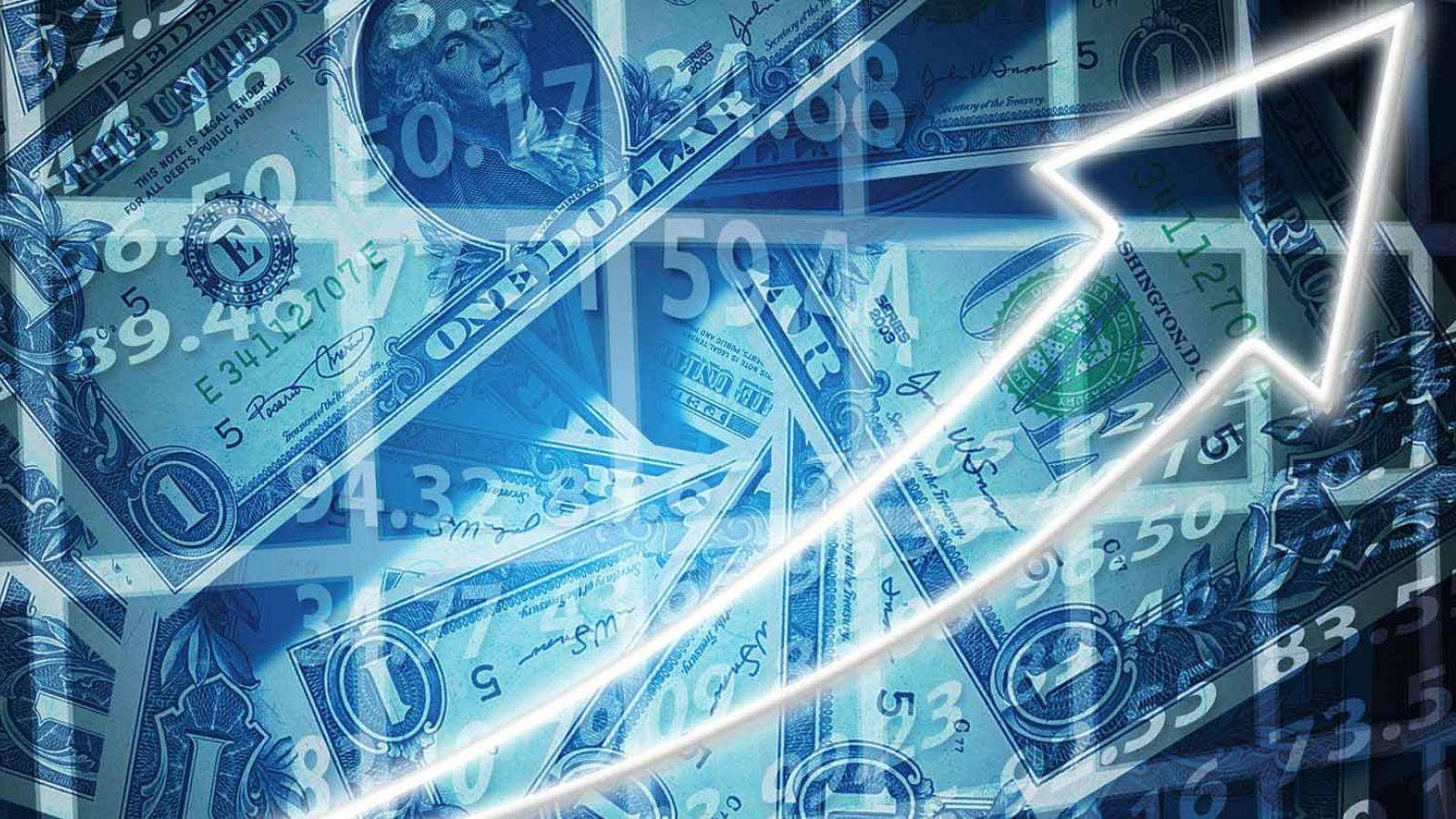 financial and stock quotes and arrow on grid background