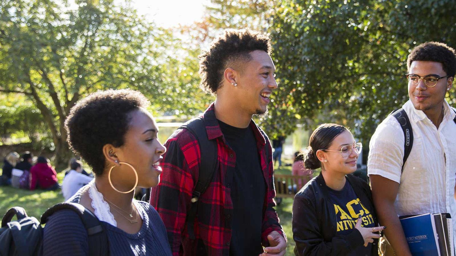 Student walking on the Pace University, Pleasantville campus
