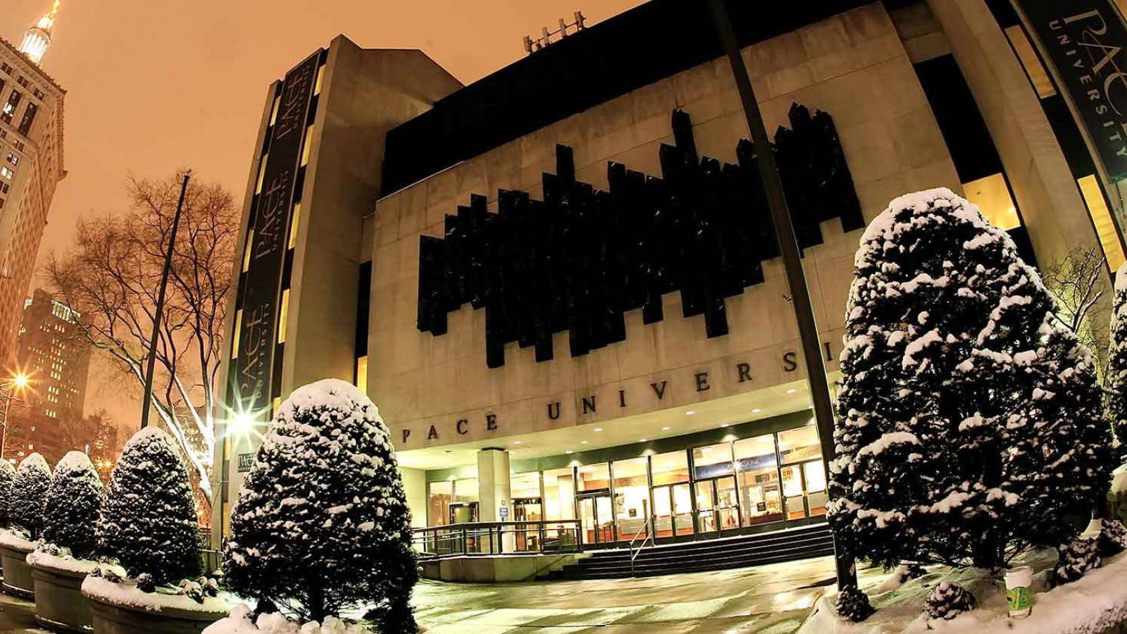 One Pace Plaza covered in snow.