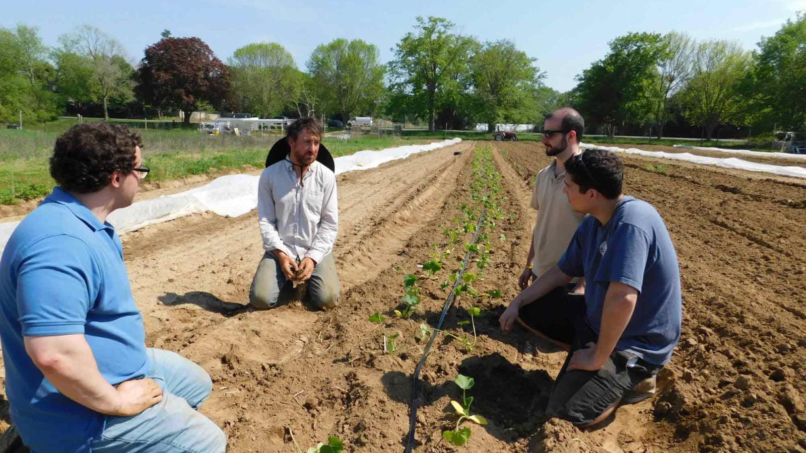 Students conversing on a farm