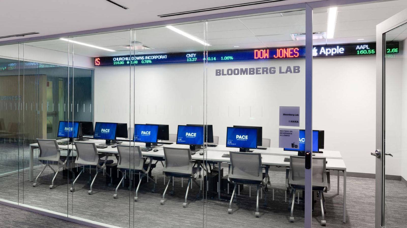 Trading room with Global Portfolio Analysis Center at Pace NYC campus
