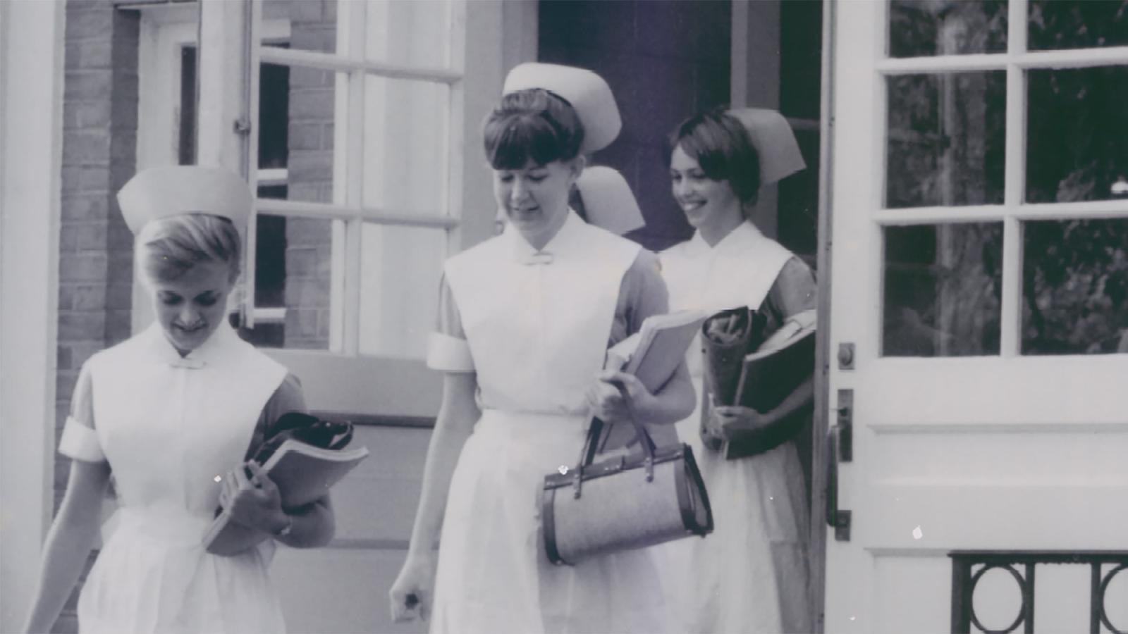 Pace University student nurses coming out of Dyson Hall in the 1960s