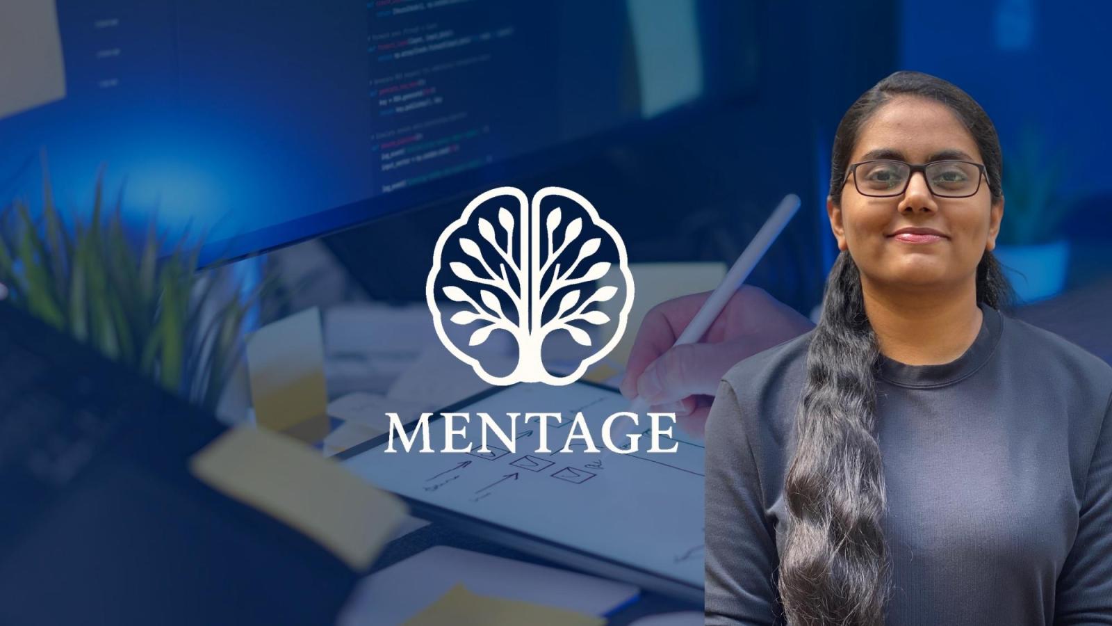 Seidenberg instructor Karen Joy Abraham with UX design graphics and Mentage logo