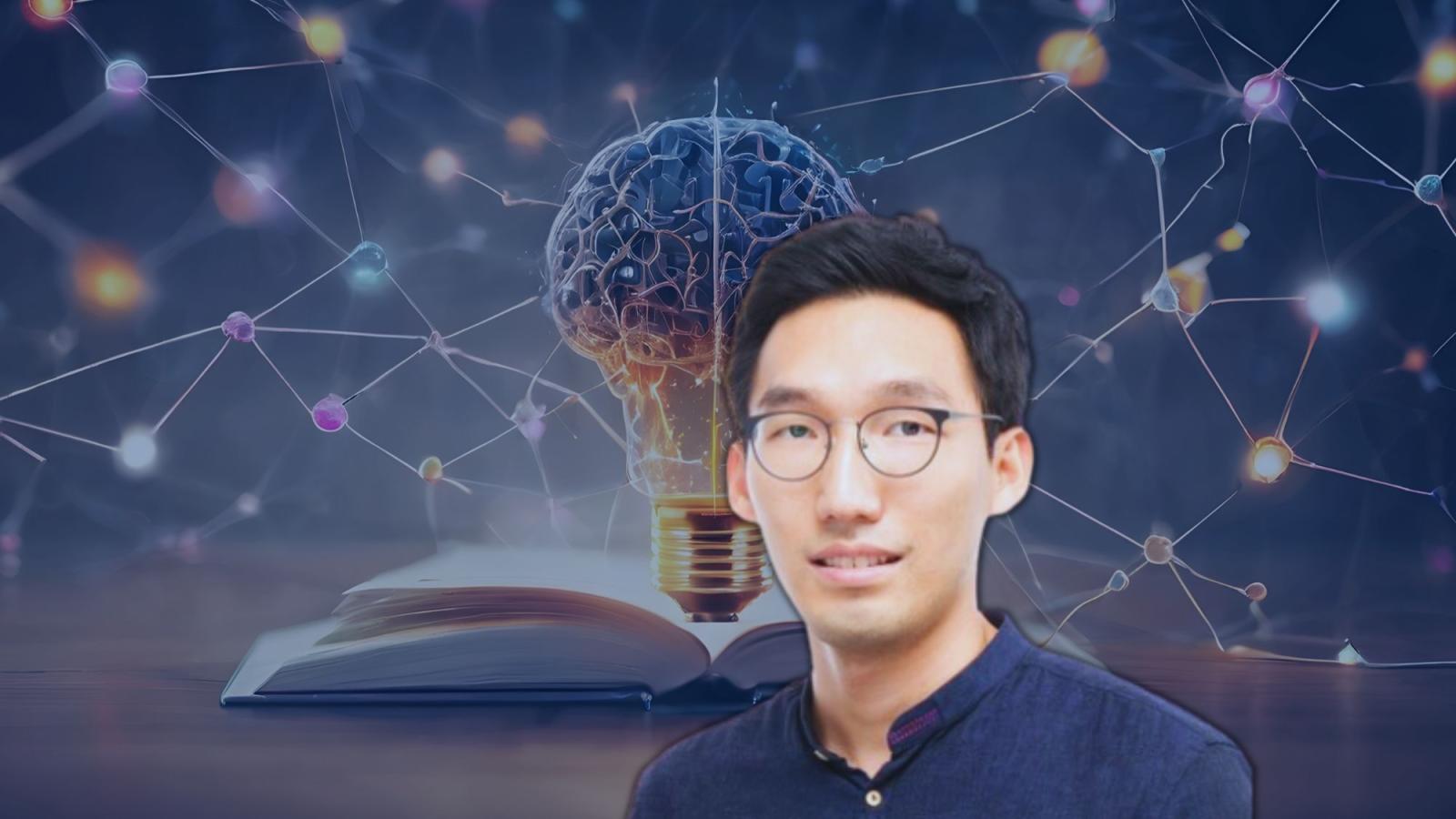 Professor Youngsoo Shin with an open book and brain in the shape of a lightbulb in the background.