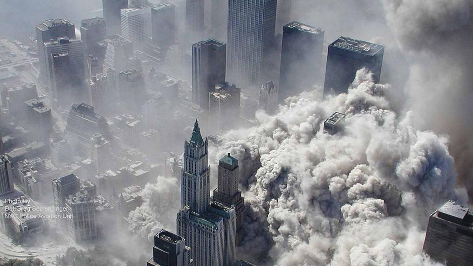 Aerial image of downtown Manhattan during the September 11th tragedy.