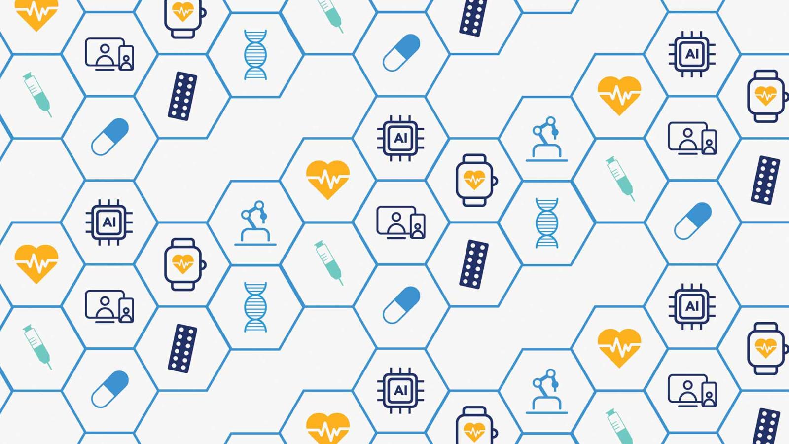 Seamless hexagon pattern with medical and AI technology icons. Modern healthcare, digital medicine, and science concept.