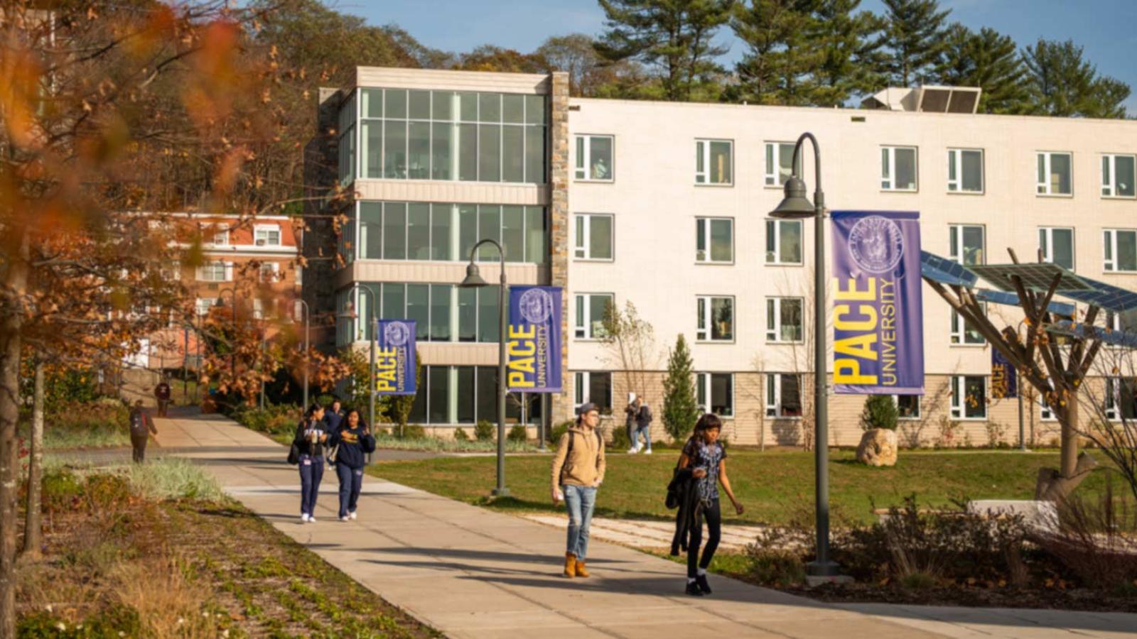 Students walking on the Westchester campus of Pace University.