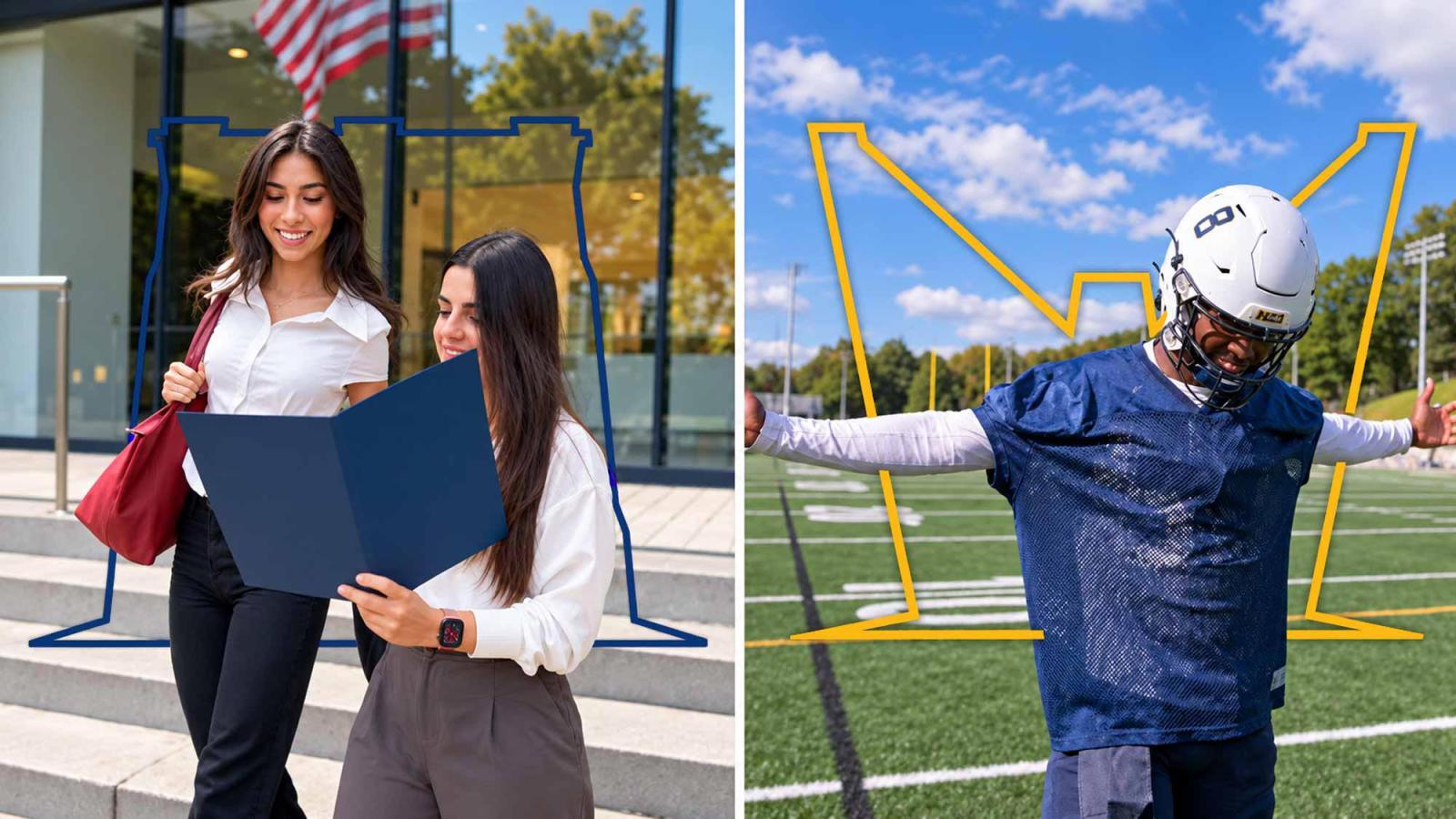 Split image, on the left are two University student, dressed in business casual, leaving one Pace Plaza,  on the right is a Pace University football player walking on the football field.