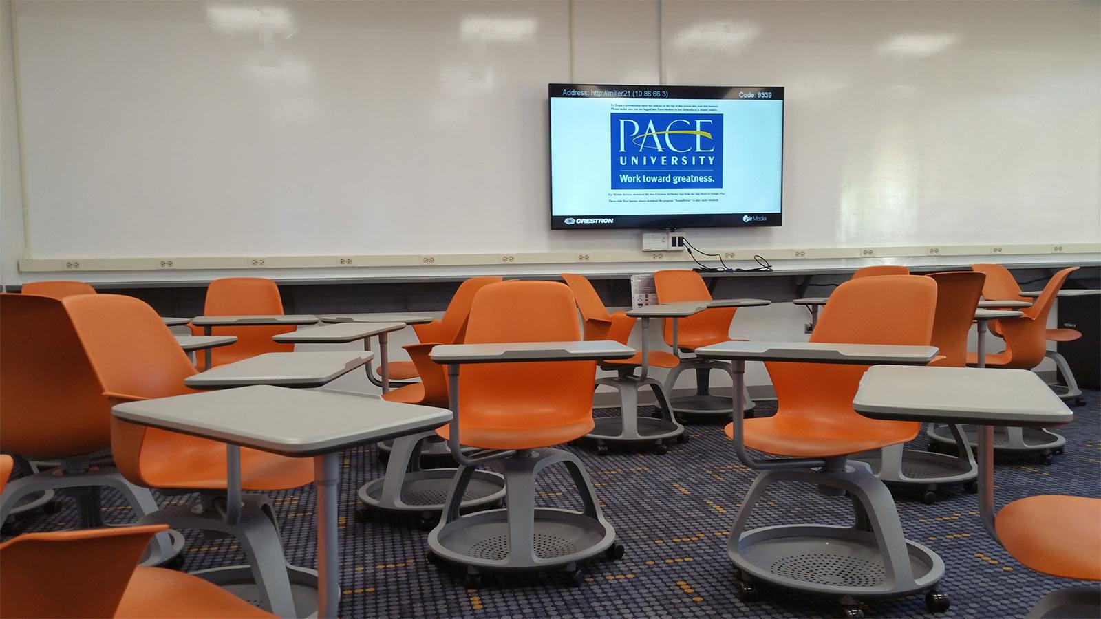Orange smart chairs in a classroom