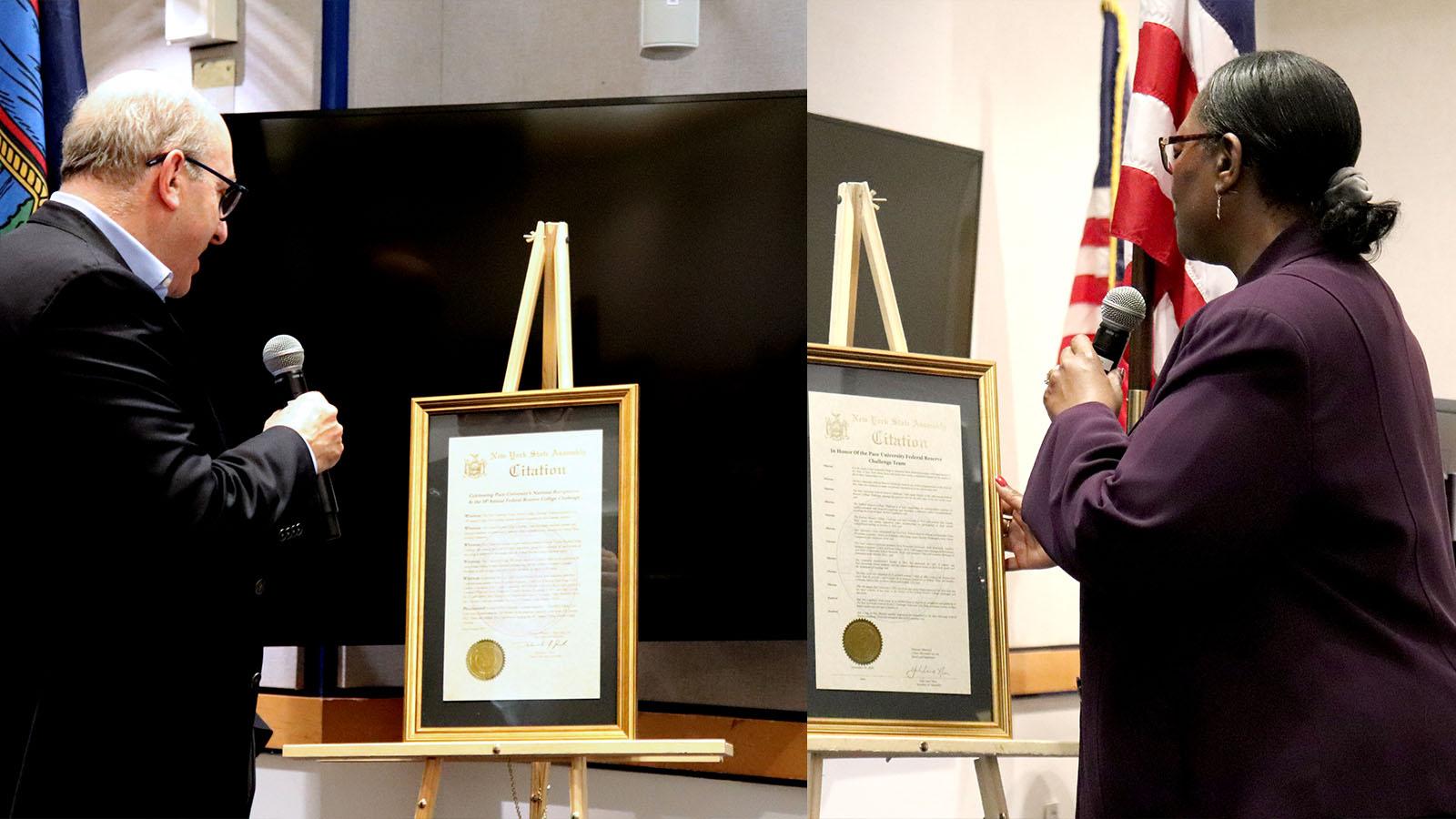 President Krislov and Dean Grimes reading the proclamations