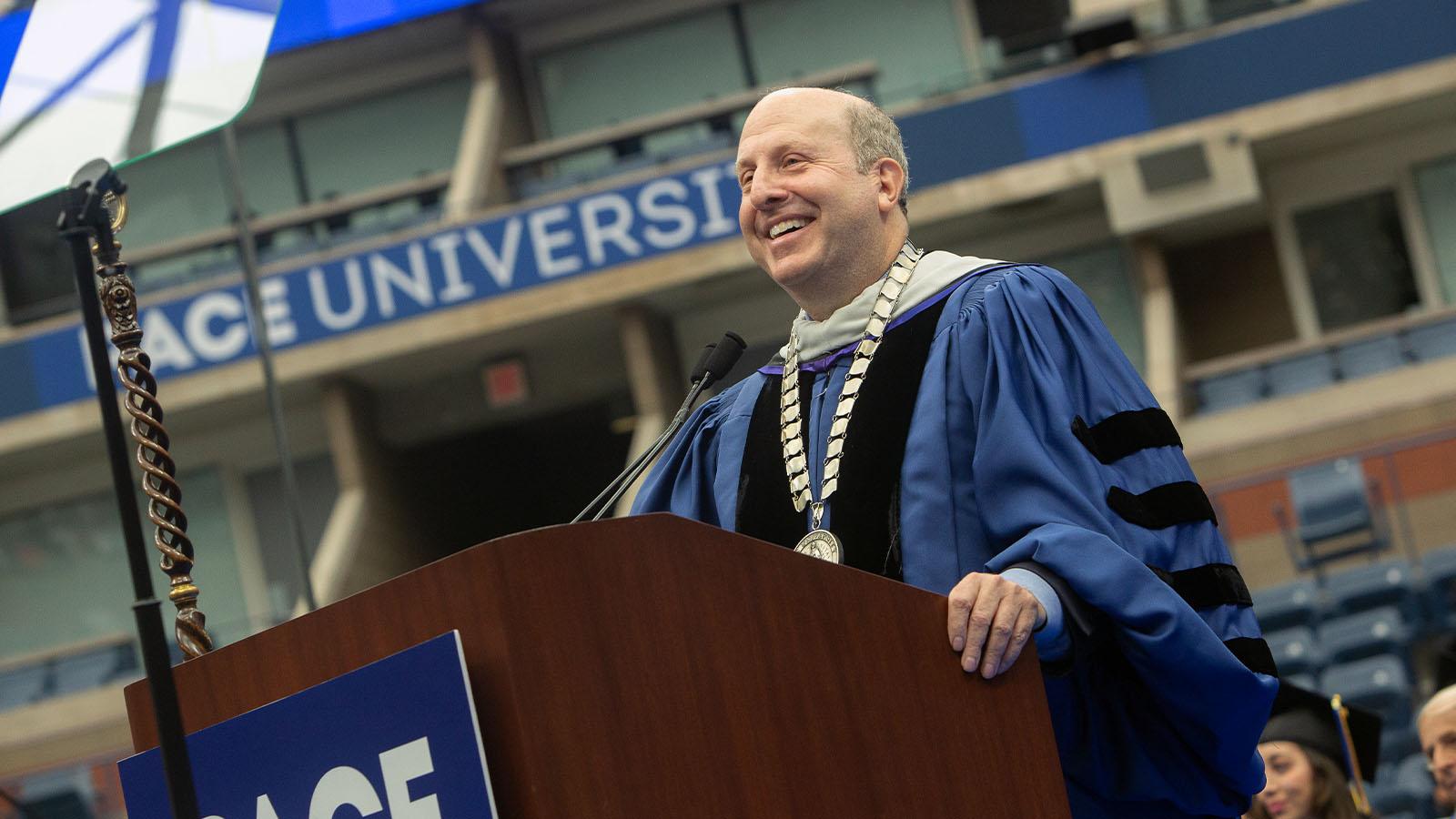 Pace University President Marvin Krislov addresses the crowd at the opening, university-wide ceremony. 