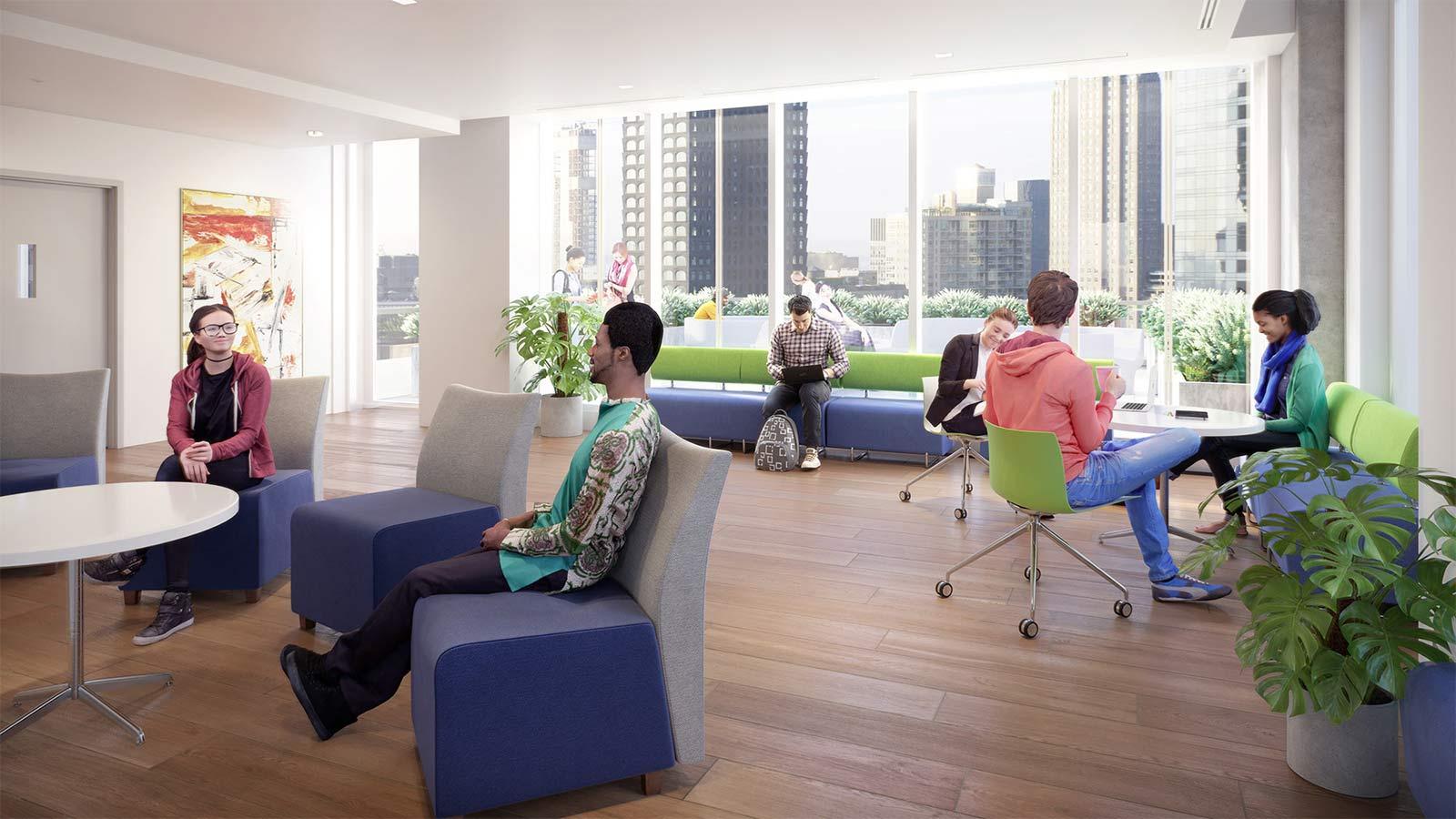 Student Lounge at the residence hall on 15 Broadway in NYC.