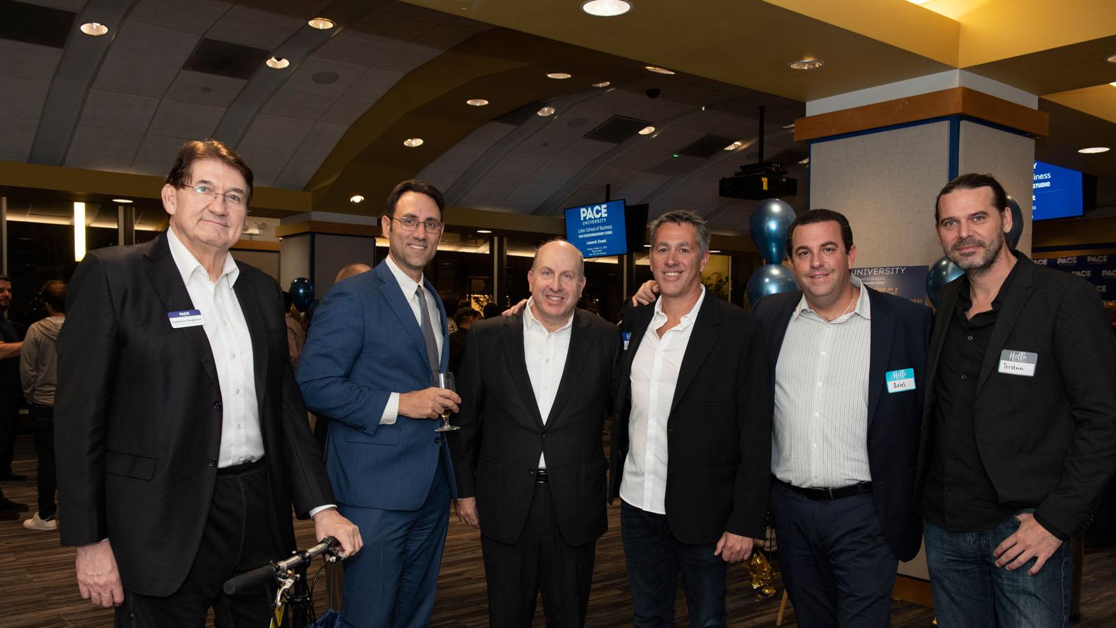 Dean Lawrence G. Singleton (far left), Pace President Marvin Krislov (third from left), and Roy Geva Glasberg and Ariel Cohen from AnD Ventures (fourth and fifth from the left) at the Pace Entrepreneurship Studio launch event.