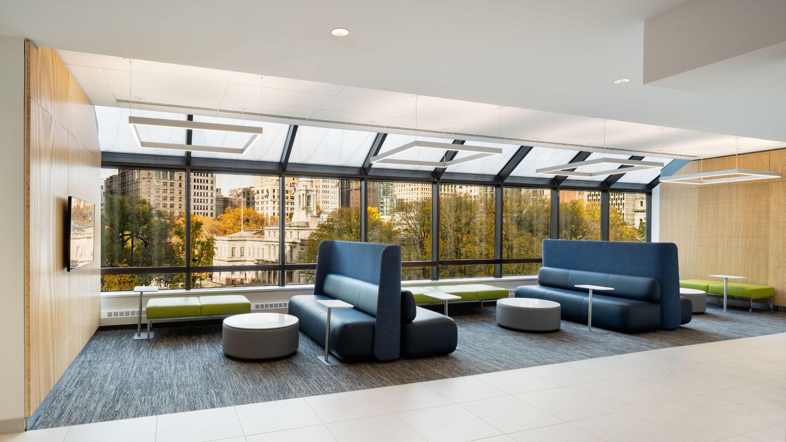 A dedicated study area for Lubin students features plenty of seating and sweeping views of Manhattan.
