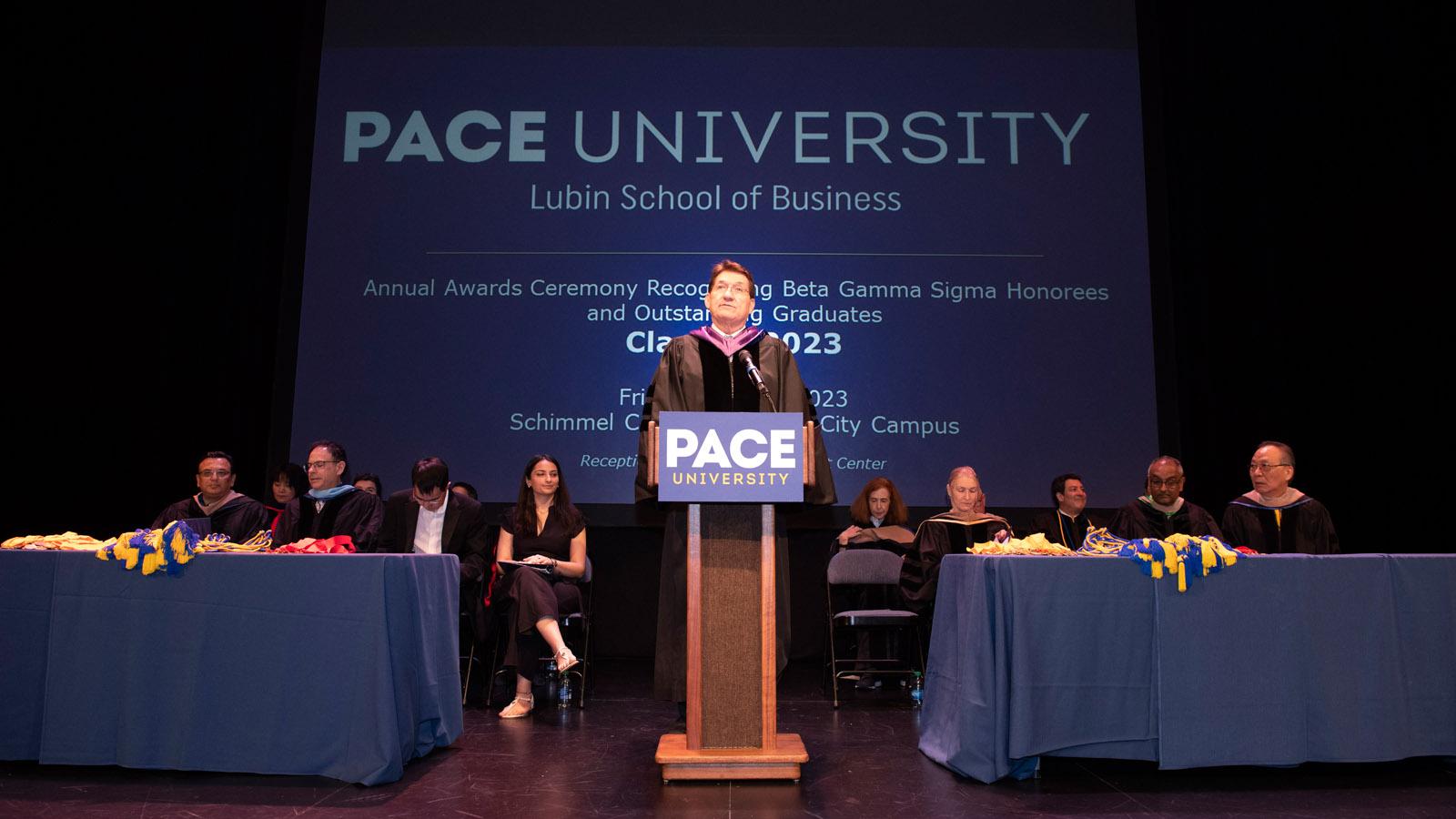 Lubin's Dean Lawrence G. Singleton addressing the audience at the 2023 New York City Lubin Awards Ceremony