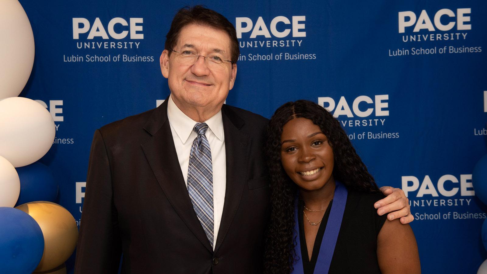 Dean Singleton with Professional Management Award recipient Aissatou Gningue '23 at the 2023 New York City Lubin Awards Ceremony