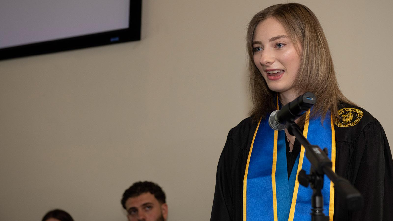 Scholastic Achievement Award Recipient Danielle A. Riley addressing the audience at the 2023 Lubin Pleasantville Awards Ceremony