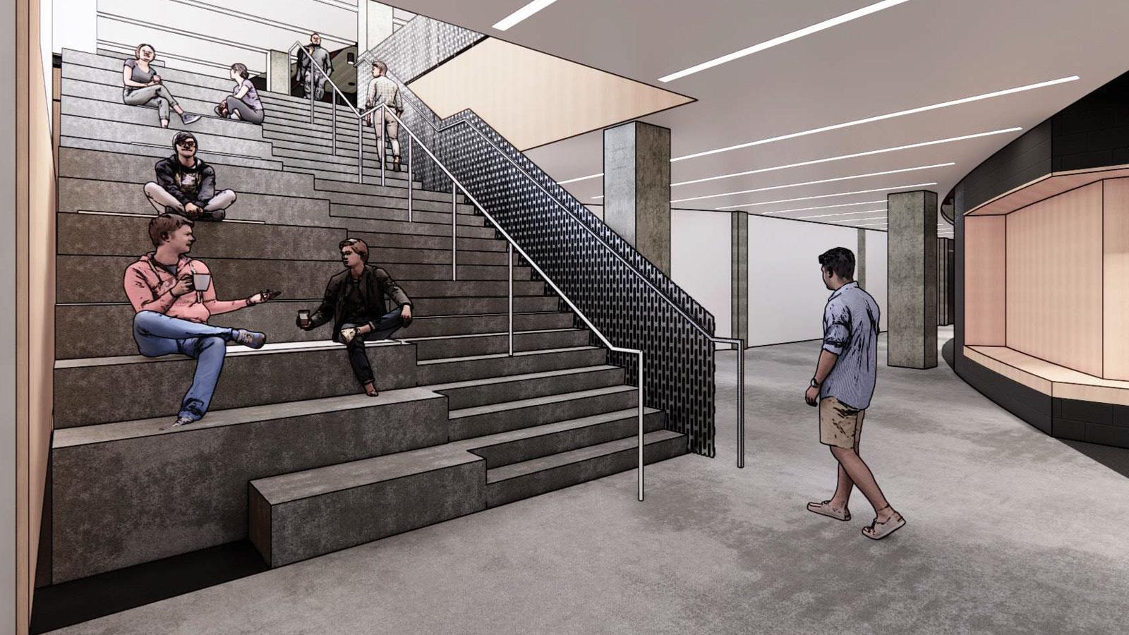 rendering of stairs in a lobby at One Pace Plaza on the Pace University NYC campus.
