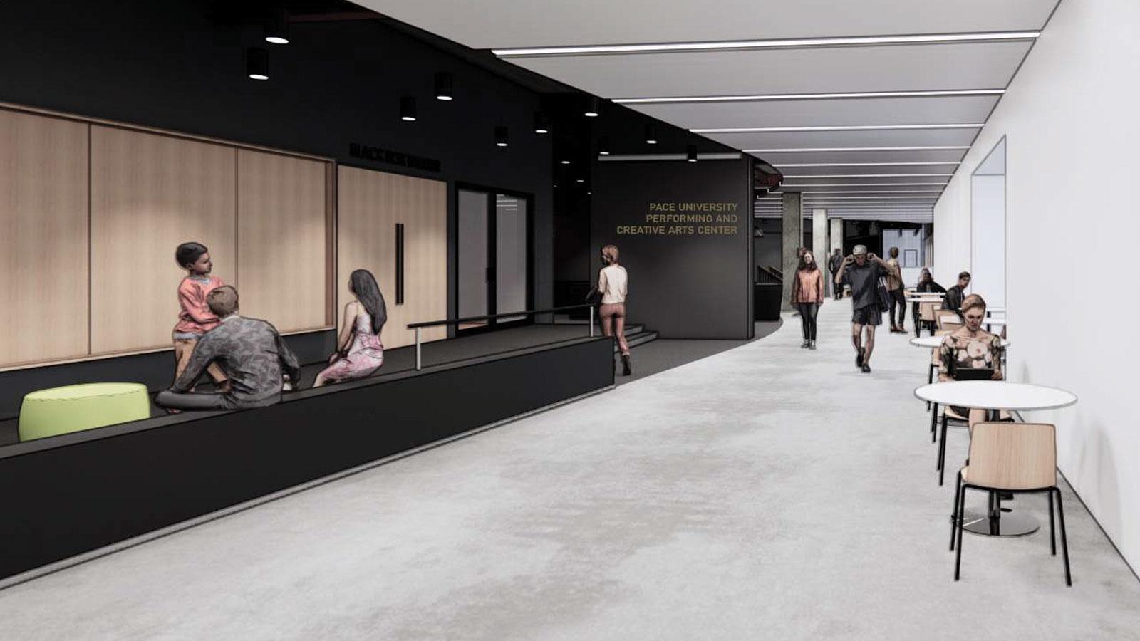 render of the future lobby of one pace plaza east on the Pace University NYC campus.