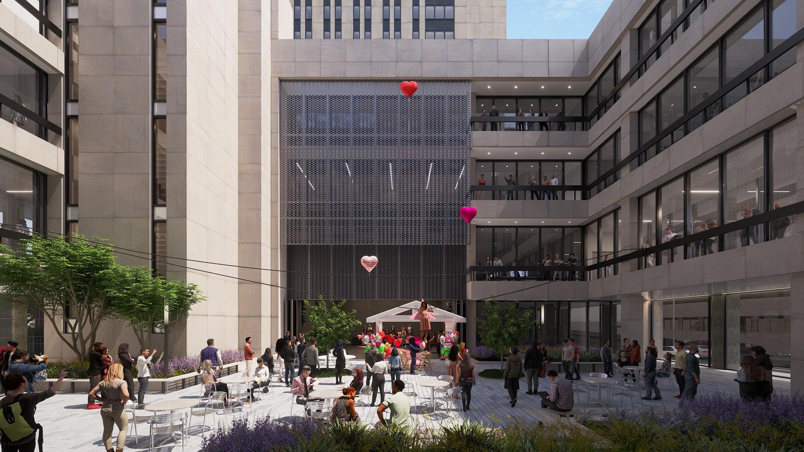 rendering of the future courtyard with theater venue and the facade of One Pace Plaza East