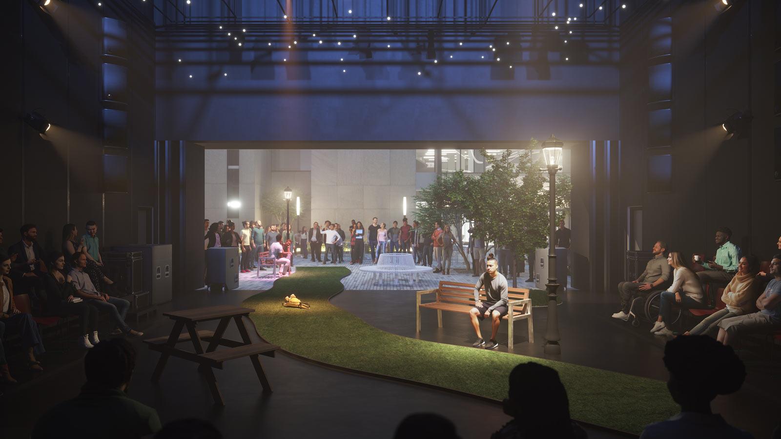 rendering of the small performing arts venue on the Pace University NYC campus with the courtyard behind.