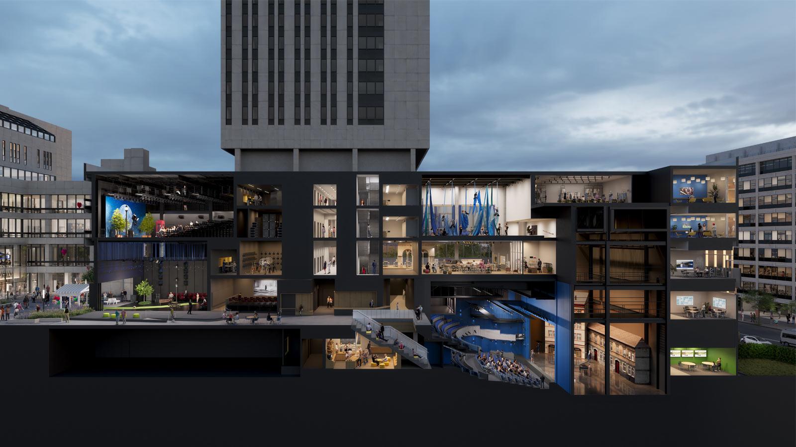 cross-section rendering of one pace plaza east on the Pace University NYC campus