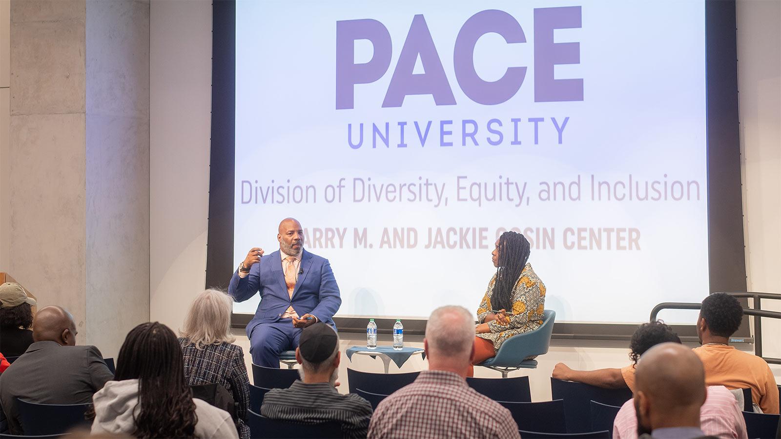 Jelani Cobb and Stephanie Akunvabey speaking on the fragility of higher education
