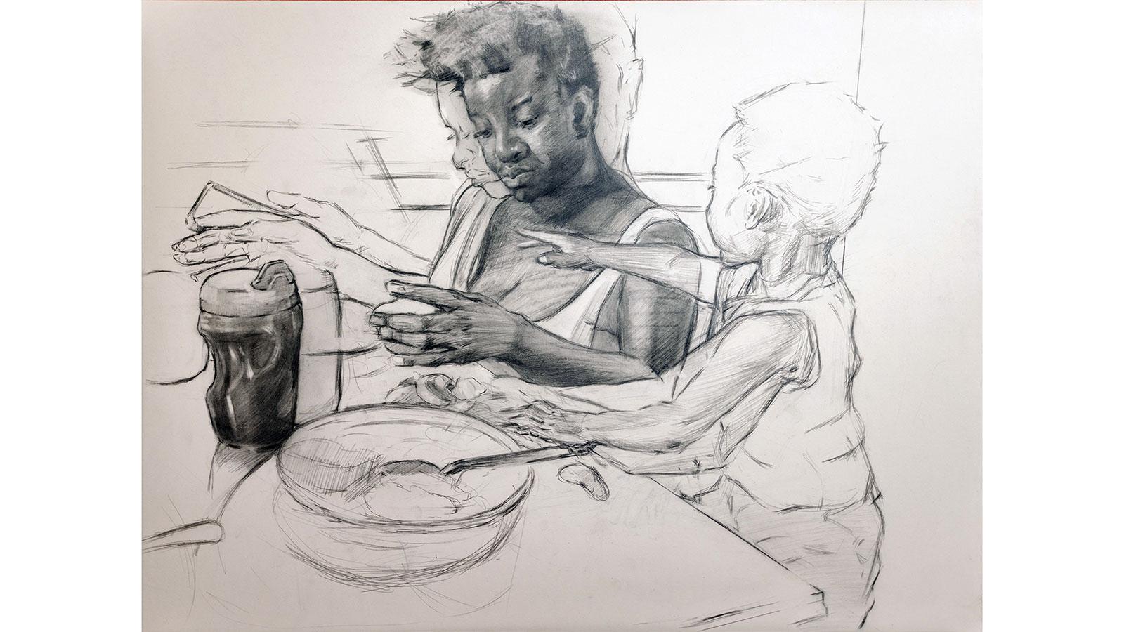 Drawing of a person doing multiple activities called Multitasking by Steven Anthony Johnson II displayed in the We're Home exhibition in the Pace University Art Gallery.