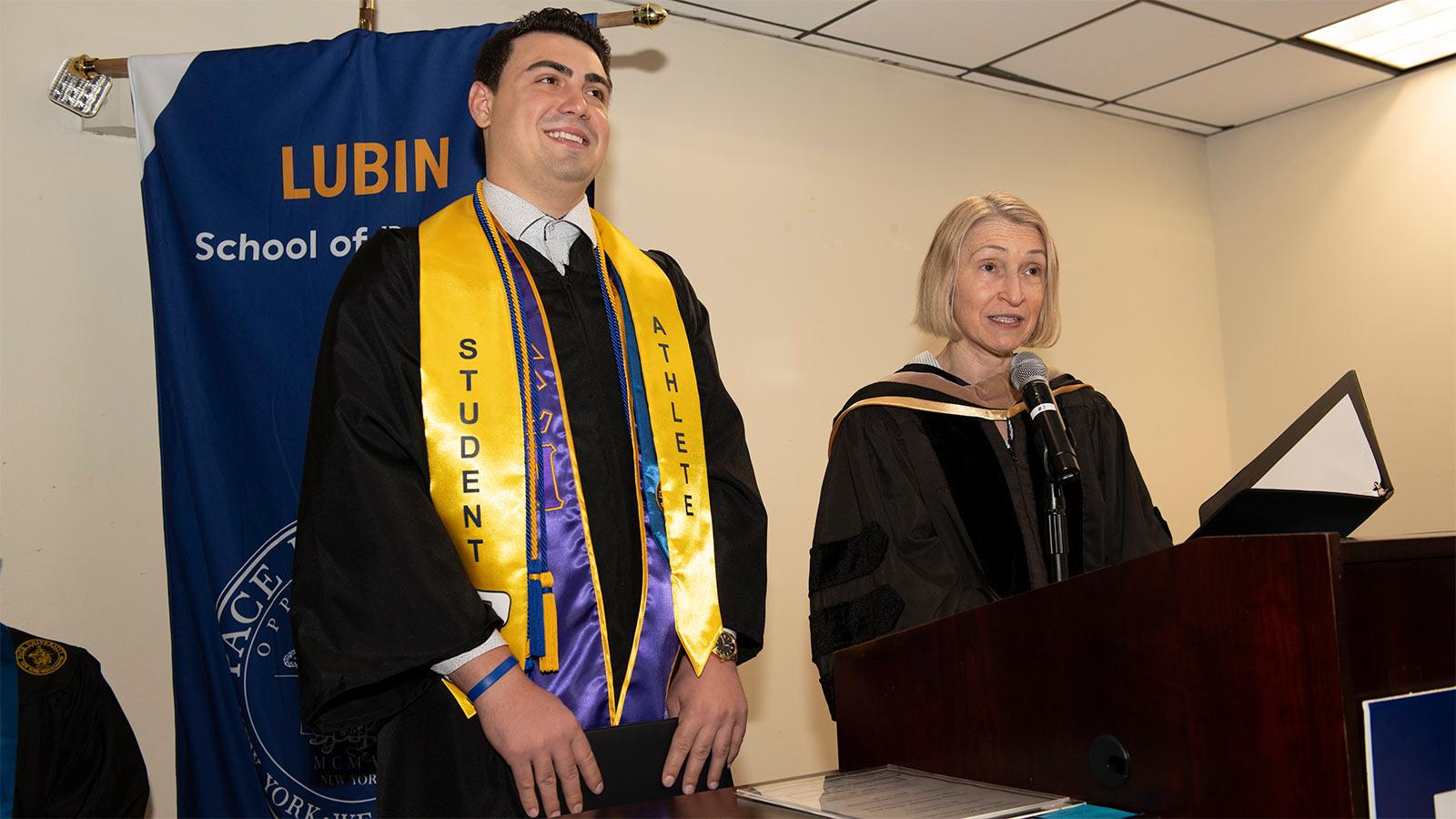 Pace University Scholarship Achievement Award Recipient Paul Cimicata with Dean Randi Priluck.