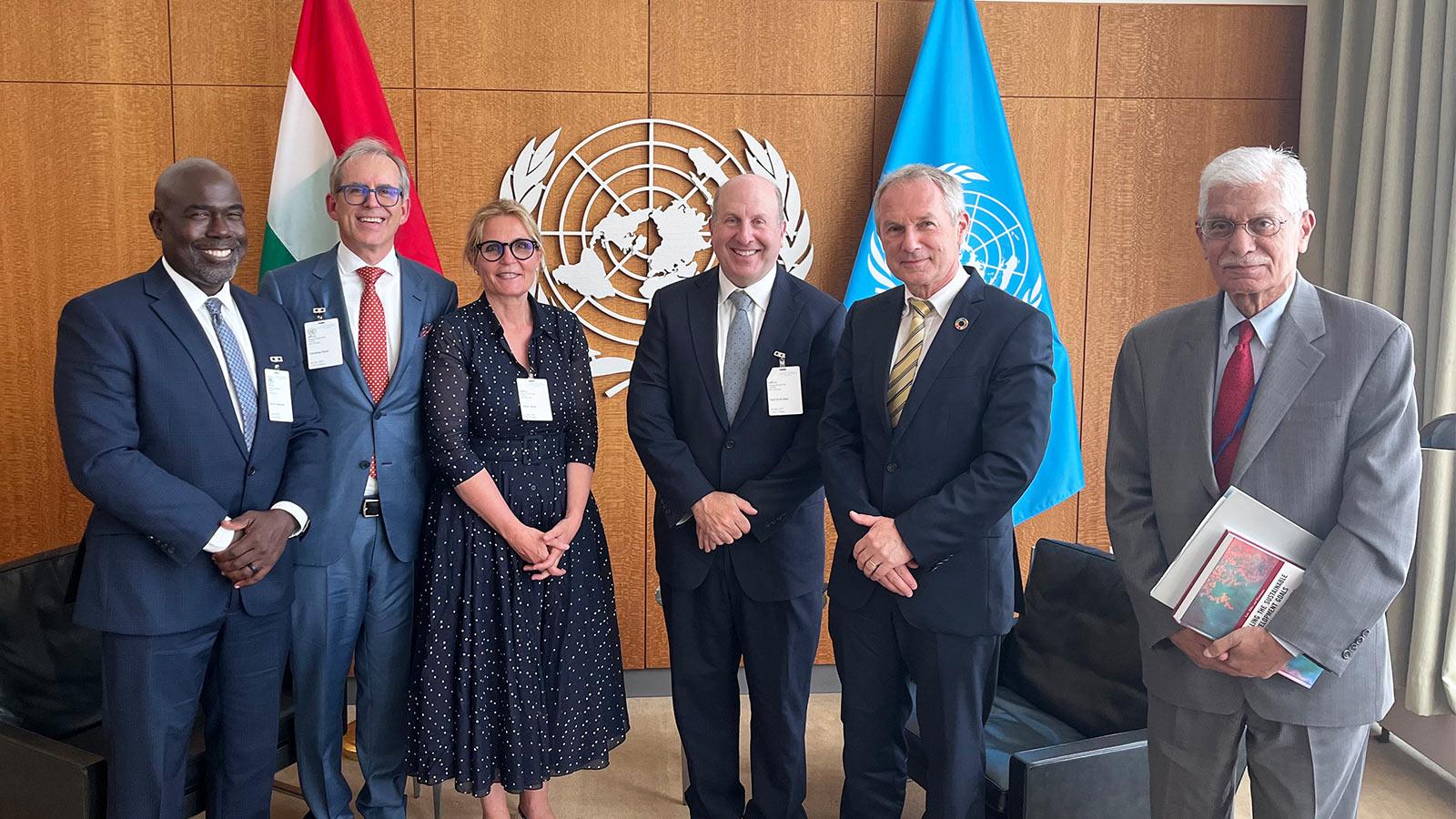 Elisabeth Haub School of Law Dean Horace Anderson, Pace University President Marvin Krislov, Professor Narinder Kakar, Trustee Liliane Haub and philanthropist Christian Haub met with former President of the United Nations General Assembly Casaba Kőrösi to discussed the common efforts of GCELS and Pace|Haub Environmental Law faculty and students in supporting climate action.