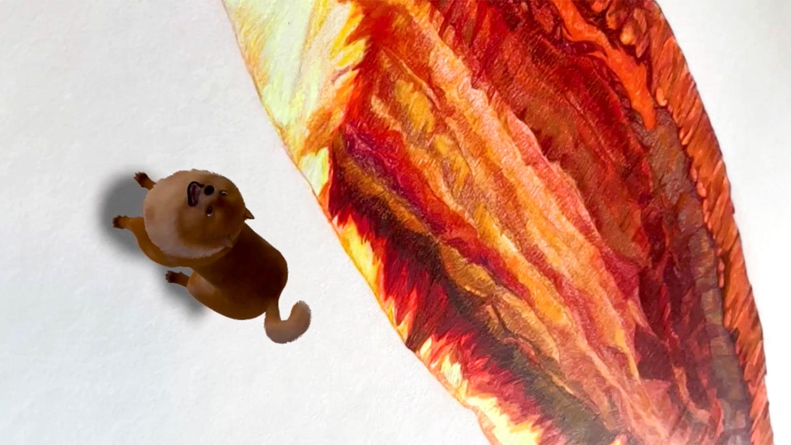 Combined augmented reality image of a pomeranian dog next to a hand-drawn earthen hole for Art professor Jillian McDonald's DUMBO Projection Project art exhibition