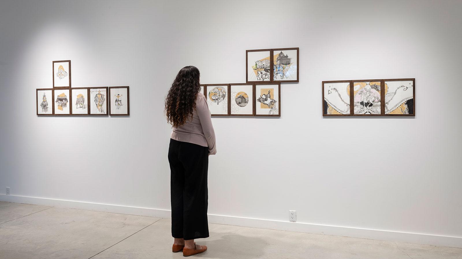 Artwork from artist Firoz Mahmud on display in the "Inscaping Legacies" exhibition at the Pace University Art Gallery.