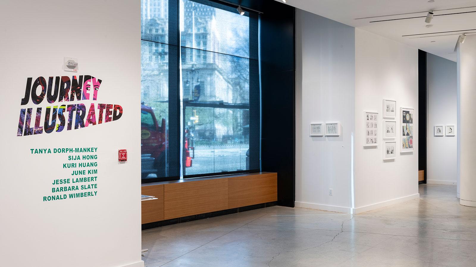 Artwork from various artists on display in the "Journey Illustrated" exhibition at the Pace University Art Gallery.