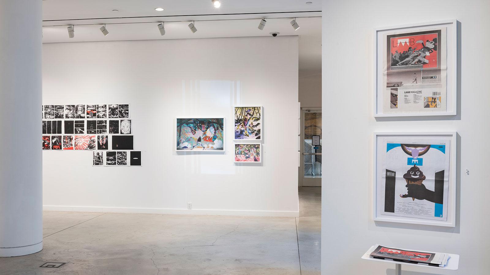 Artwork from various artists on display in the "Journey Illustrated" exhibition at the Pace University Art Gallery.