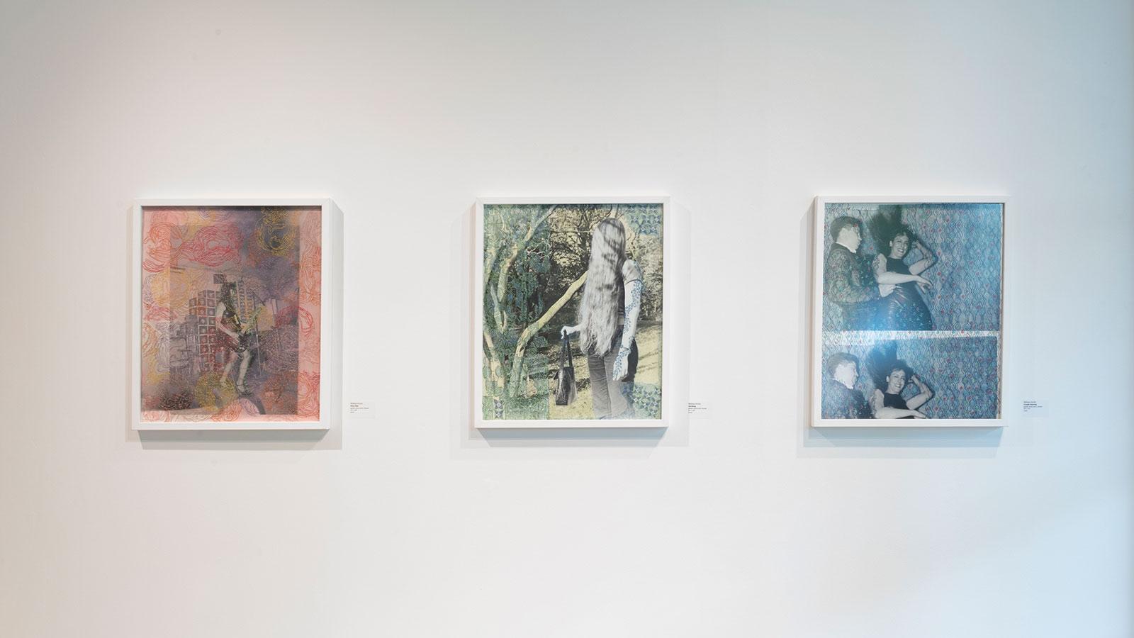 Artwork from various artists on display in the "To Be Made Whole" exhibition at the Pace University Art Gallery.