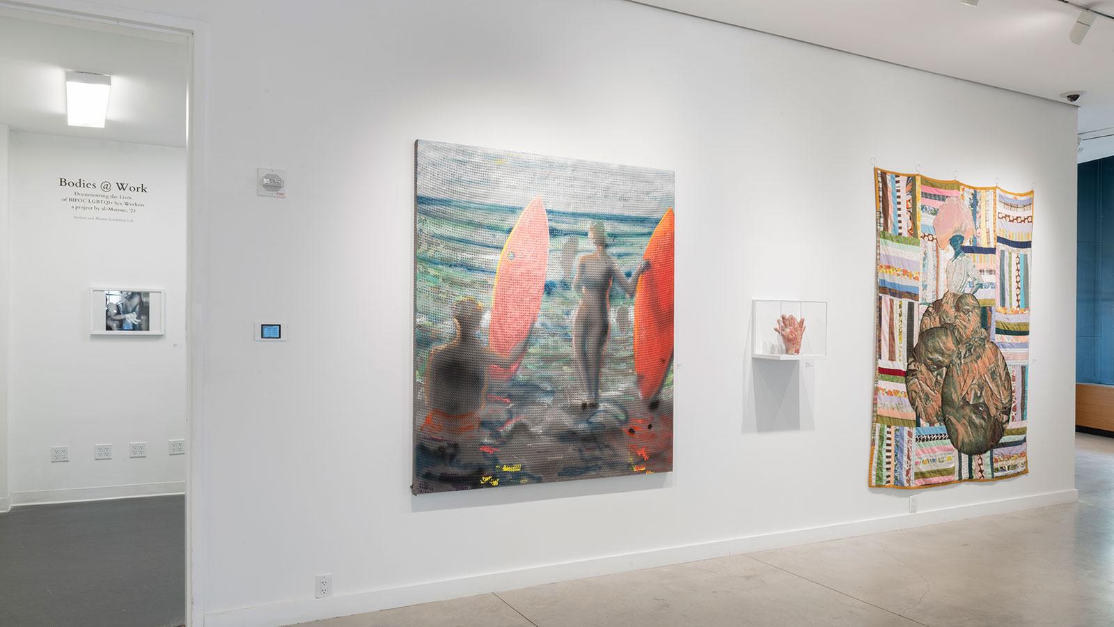 Artwork from various artists on display in the "To Be Made Whole" exhibition at the Pace University Art Gallery.
