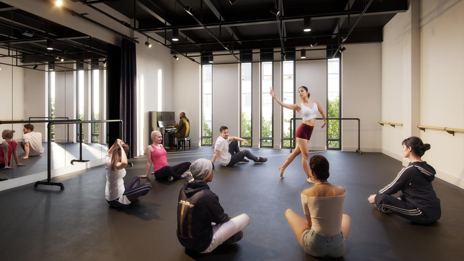 rendering of a rehearsal studio at One Pace Plaza on the Pace University NYC campus