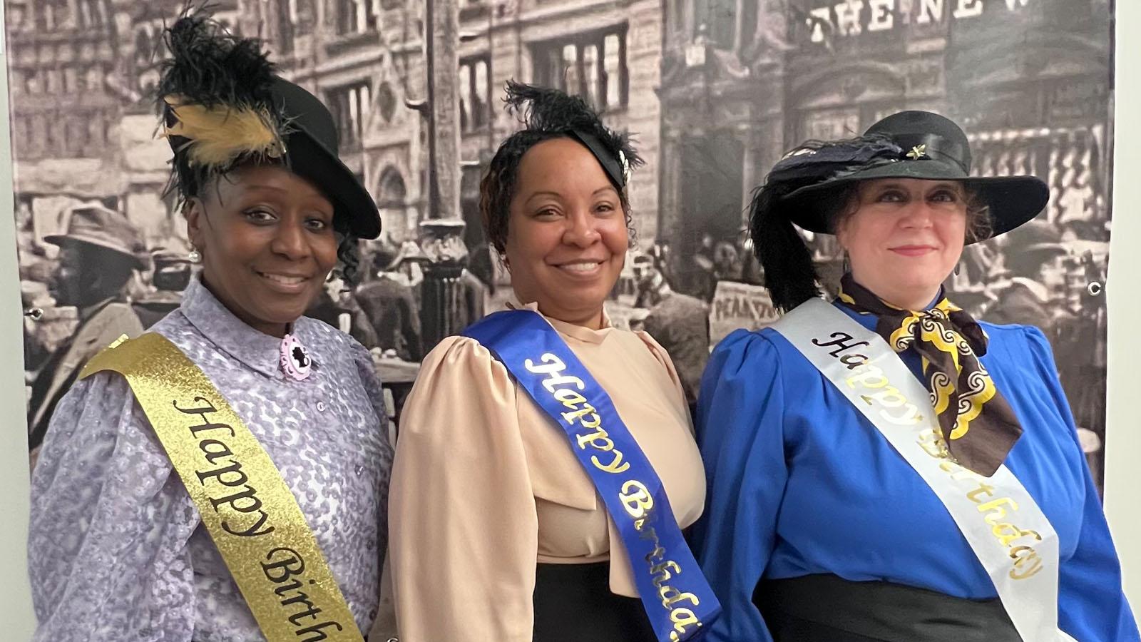 staff of Pace University Lubin School of Business Office of Communications and External Relations, who dressed up in the spirit of 1906, from left to right: Tamara Kelly, Director; Matrisha Blyden, Staff Coordinator; and Rachel Klingberg, Associate Director, Online Communications