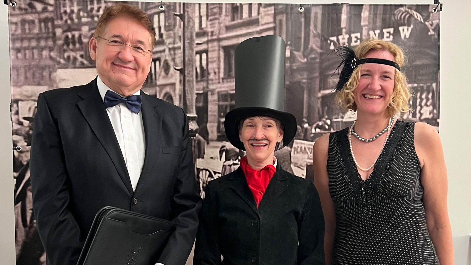 Pace University Lubin School of Business deans dressed in historic costume for Founder's Day 2024, from left to right: Dean Singleton, Dean Priluck, and Dean Richardson. 