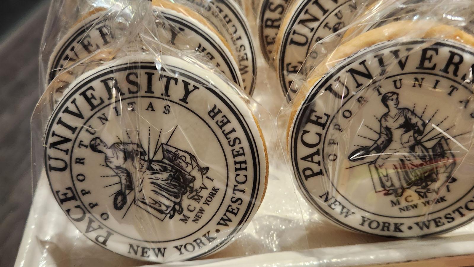 Cookies decorated with the Pace seal served at Founder's Day 2024